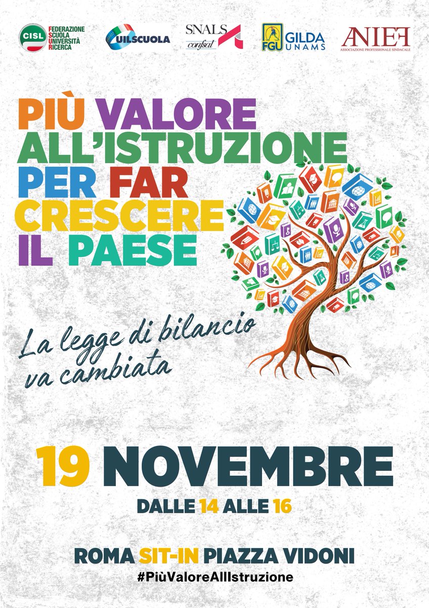 Più valore all'istruzione, per far crescere il Paese. 
Il 19 novembre, tutte le OO.SS. firmatarie del CCNL 2022-24, insieme per un sit in. #PiùValoreAllIstruzione