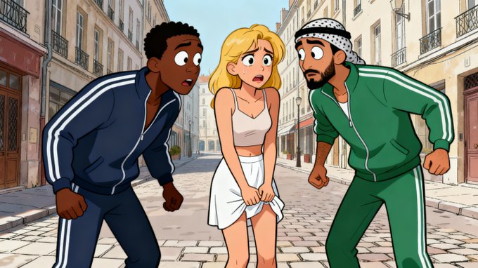 Cartoon illustration depicts three characters on a Parisian street with beige buildings and doors in background. A Black male in blue tracksuit stands on left with wide eyes and raised fists. A blonde female in center wears white tank top and short white skirt holding skirt hem with surprised expression. An Arab male in green tracksuit on right has wide eyes and raised fist wearing keffiyeh headscarf.