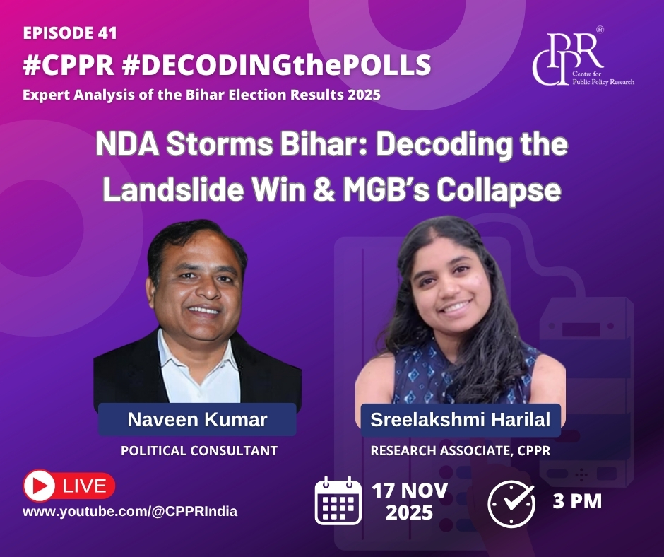 CPPRIndia's tweet image. #DecodingThePolls

From shifting voter coalitions to collapsing alliances — the 2025 Bihar results have a story to tell — but what shaped the verdict?

Join #CPPRIndia LIVE today for an in-depth analysis of the NDA’s big win.

In Episode 41 of our webinar series of &quot;Decoding the…