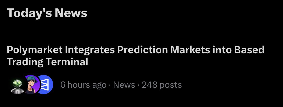 0xTrn_'s tweet image. a whole new load of volume is about to surge into polymarket

with the new integration of prediction markets directly into the Based trading terminal

more traders can now access and transact on polymarket effortlessly, driving up activity and liquidity

this makes it easier for…