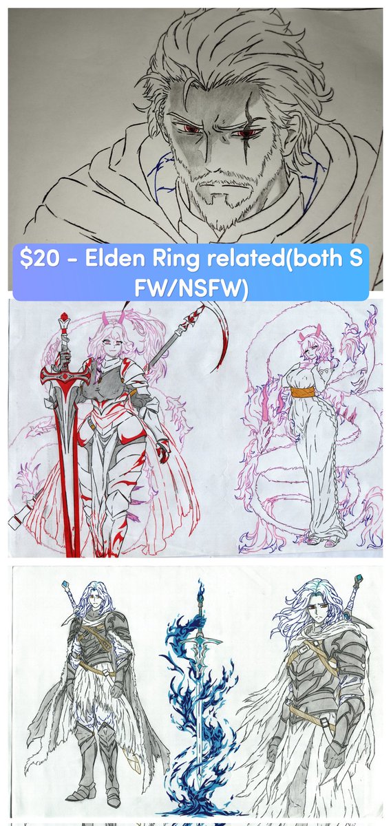 Commissions Open! Just a side gig! So might take me a few days to finish. 

$5-Sketch 
$10-Lineart
$15-NSFW
$20-Anything Elden Ring related or anything that has Armour or weapons. 

-I cannot ship the artwork unfortunately.
-Camera And Scan
#artwork #Commission #traditionalart