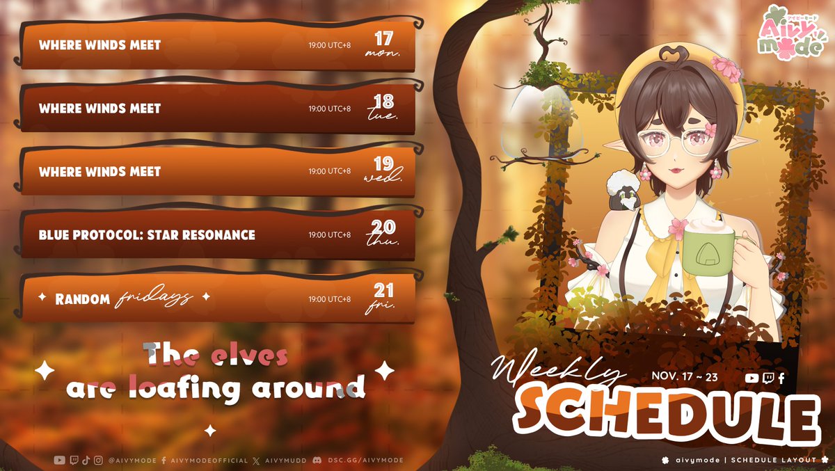 Aivymudd's tweet photo. 【weekly schedule】(❀❛ ֊ ❛„)♡
Yes you read that right. It's all WWM lol XD
We have a guild too! We focus mainly on both PVE &amp; PVP side of the game so if that seems like you, hit us up on Discord! See ya there~
#Vtuber #AivyMuddLIVE https://t.co/AlrlOWdUCe