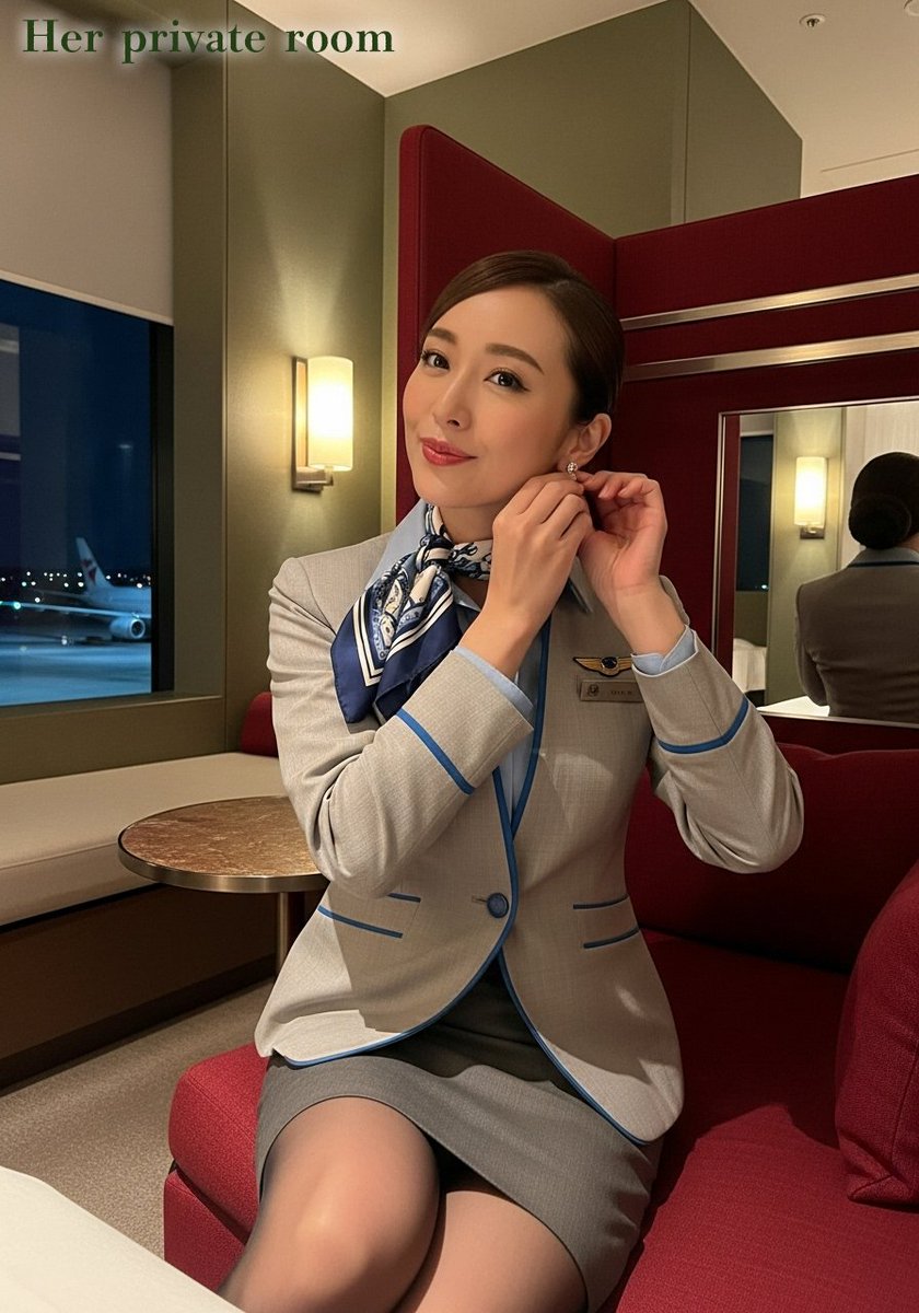 H_private_room's tweet image. 「月曜日お疲れ様です。私はこれからもう少し勤務です。イアリングを付けなおして、頑張って参ります💛 Good work on Monday. I have a little more work to do. I&apos;ll put my earrings back on and do my best💛」#AI画像 #StableDiffusion #ImageFX #AIart #客室乗務員 #Cabinattendant