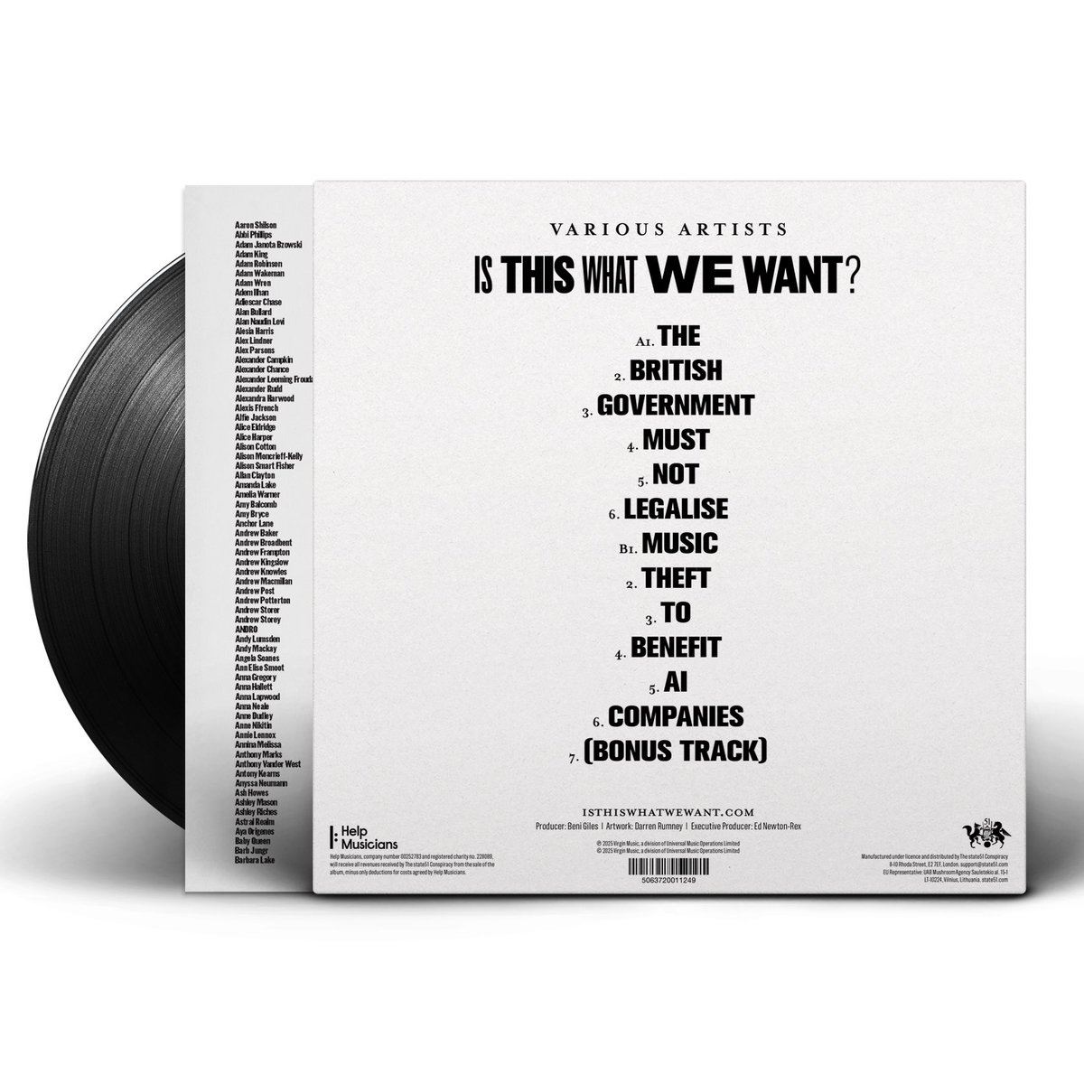 ednewtonrex's tweet image. Today we’re releasing the vinyl of Is This What We Want?, the silent album from 1000+ musicians protesting the UK government’s plans on AI &amp;amp; copyright.

Incredibly grateful to Paul McCartney for providing a new (silent) bonus track. And to the many UK musicians involved in the…