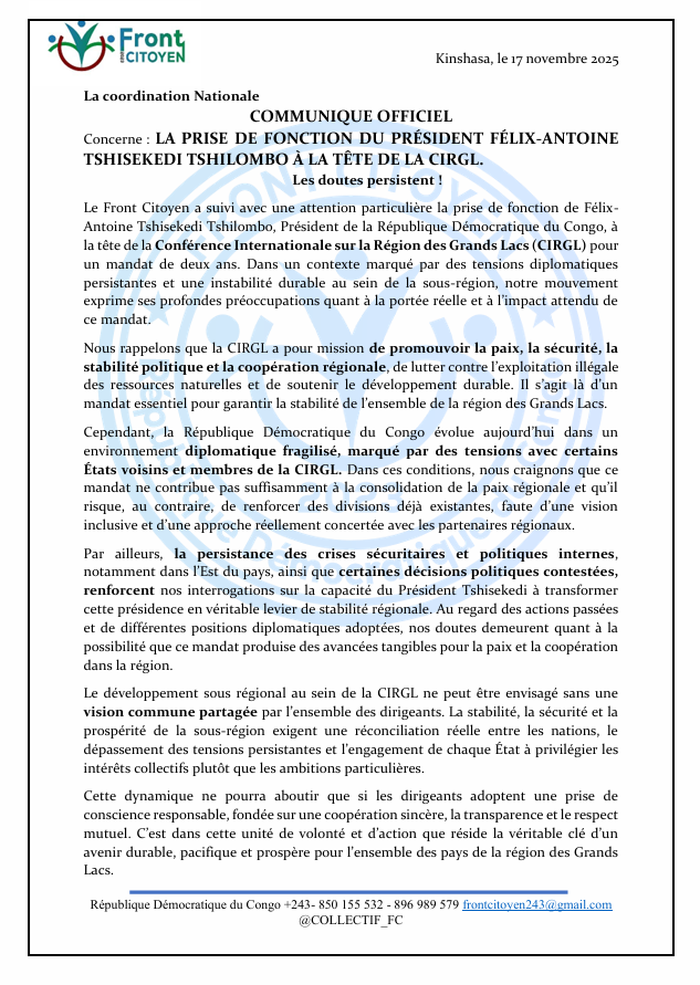 Collectif_FC's tweet photo. #CommuniqueOfficiel : Félix TSHISEKEDI à la tête de la CIRGL.
Nous craignons que ce  mandat ne contribue pas suffisamment à la consolidation de la paix régionale et qu’il  risque, au contraire, de renforcer des divisions déjà existantes.
@Presidence_RDC @GeneralNeva @WilliamsRuto https://t.co/tPMIeg5Q8d
