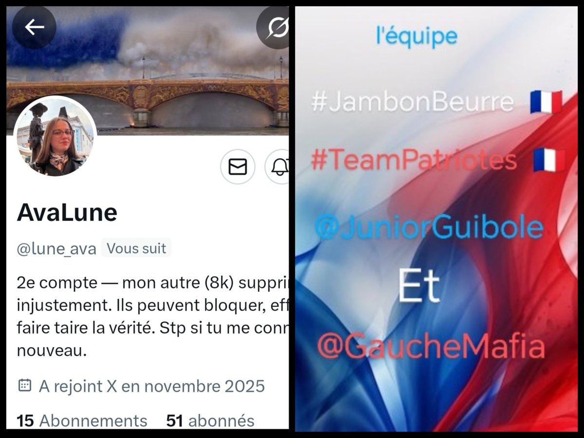INFO🚨Merci de partager !🚨
Mes amis patriotes🇨🇵
Victime de la bien-pensance 
notre amie  <a href="/lune_ava/">AvaLune</a>   👍
Son compte à sauté !😖 
Merci de vous abonner à elle pour l'aider à reconstituer sa TL ! 🥳
Merci et n'oubliez pas ! 😉
Tous ensemble nous sommes plus forts ! 🇨🇵