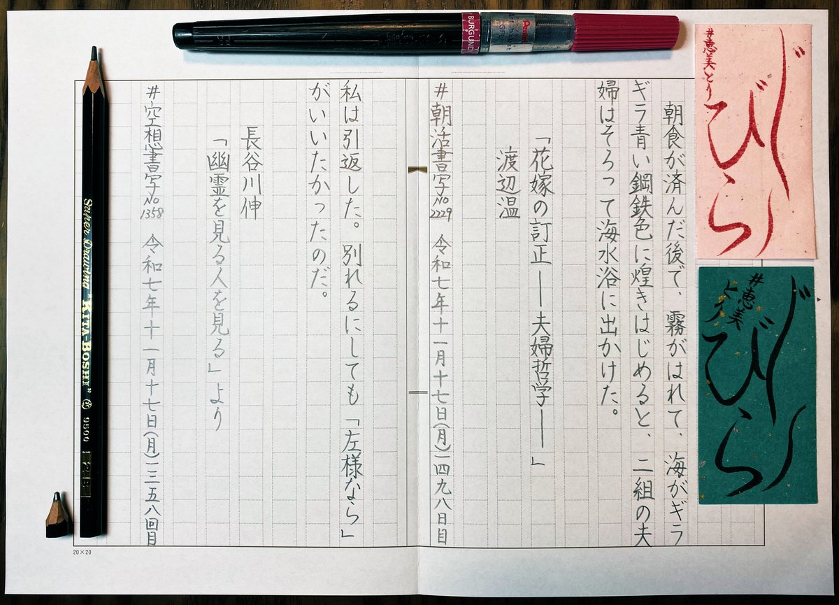 #朝活書写
  #朝活書写_2229
 #空想書写
  #恵美とり(下は3年前のもの)
  #北星鉛筆 

毎日のお題をありがとうございます。

新しい鉛筆を下ろした日には、前のおチビちゃんと背比べをすることが毎回楽しみです(*^^*)