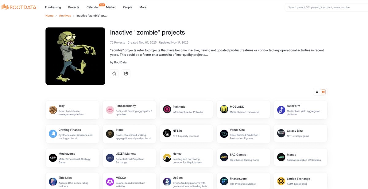 RootDataCrypto's tweet image. Follow 🧟‍♂️&quot;Inactive Zombie Projects&quot; on RootData.

This archive compiles potentially risky projects and can serve as a watchlist for substandard ones, helping investors to be alert, avoid potential dangers, and protect their assets.

Check👉
rootdata.com/Archives/detai…