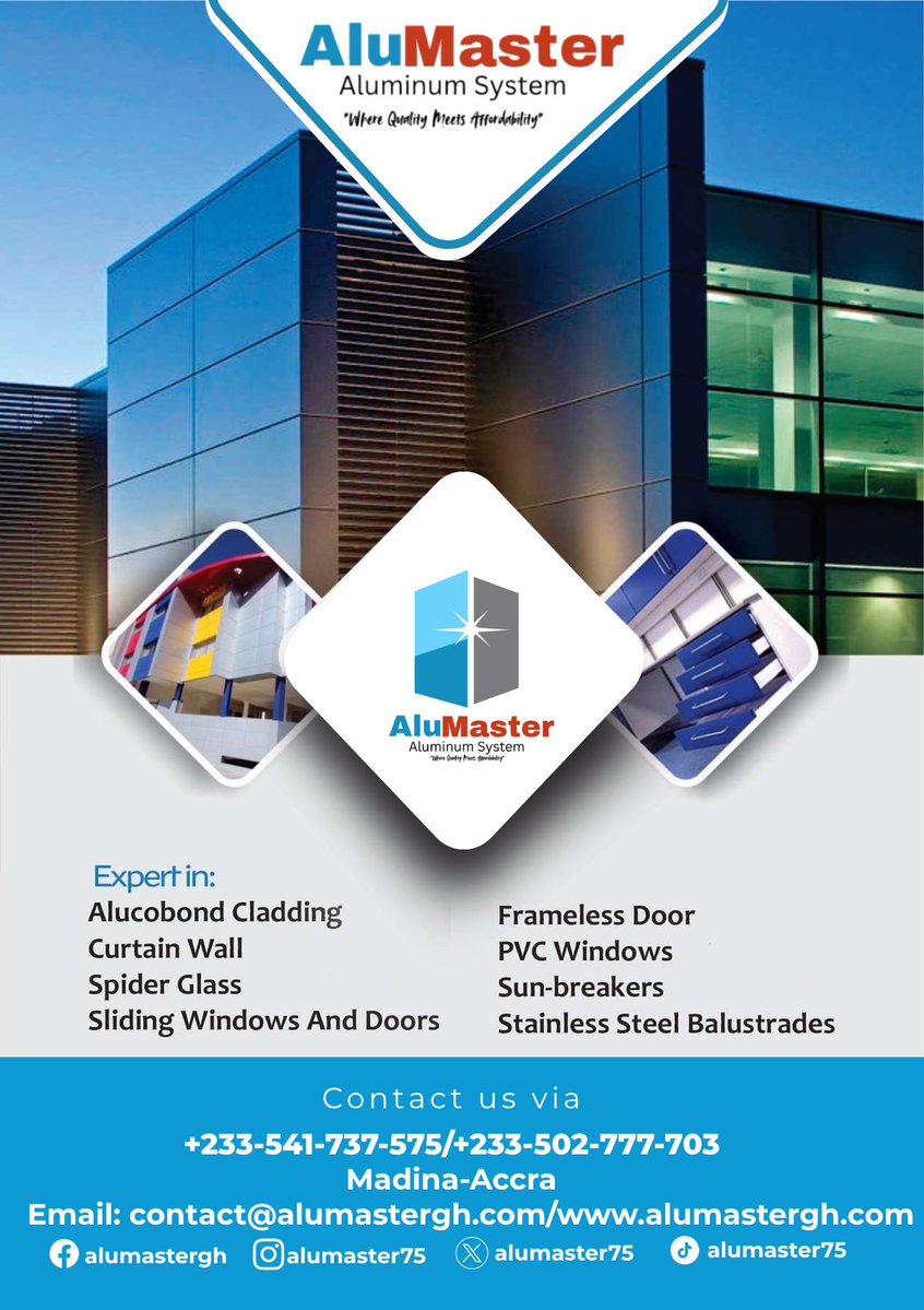 Have you heard of @alumaster75 🫶🔥
Let me tell you about them … if you want someone to fix frameless doors , pvc windows,curtain wall , spider glass etc .. look no further than AluMaster … 
Contact us today: +233-541-737-575 / +233-502-777-703 or visit alumastergh.com