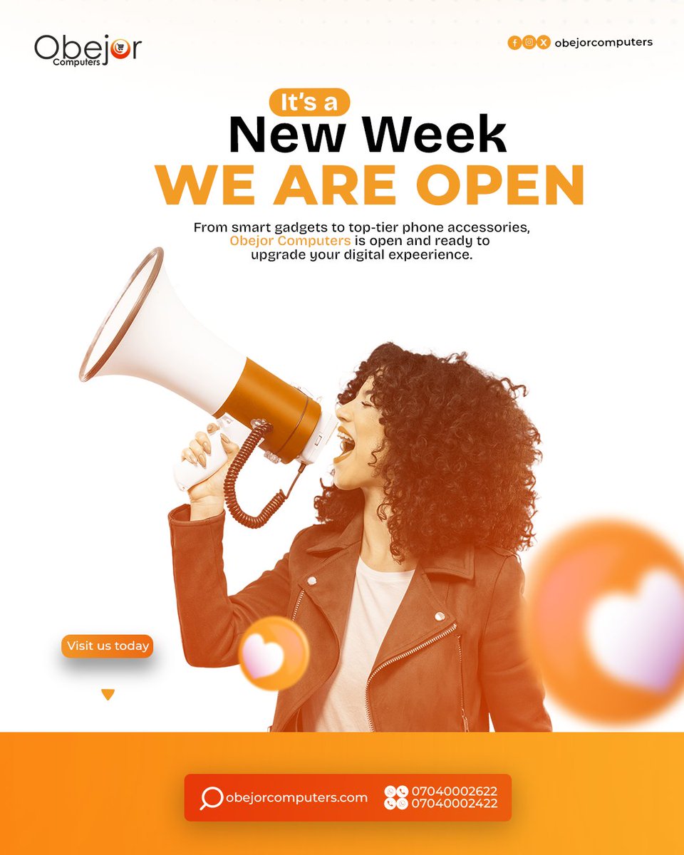 obejorcomputers's tweet image. It’s a new week &amp;amp; ObejorComputers is OPEN! 🚀
Shop original laptops, smartphones, accessories &amp;amp; more to power your productivity this week.

📍 visit any of our store near you.
📦 Nationwide Delivery
🛒 Shop Smart. Shop Original.

#ObejorComputers #NewWeekNewTech #WeAreOpen