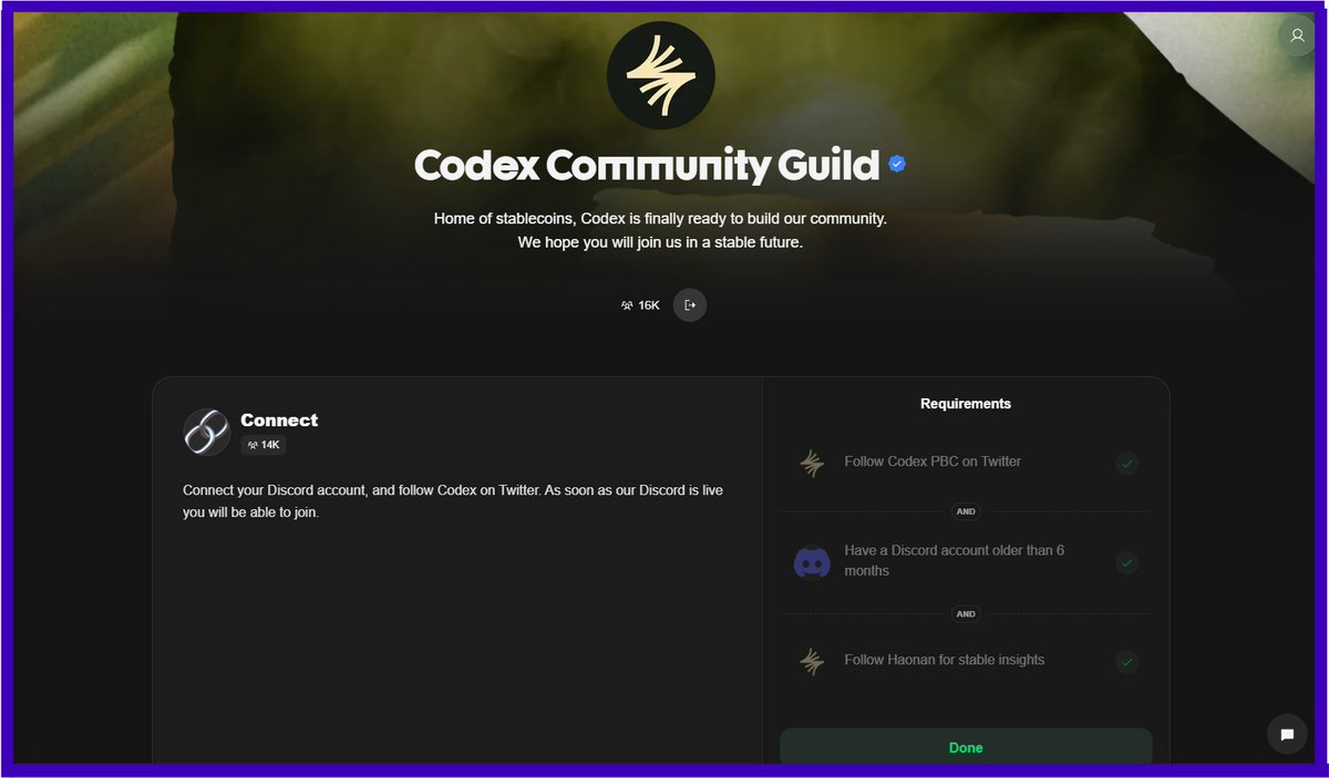 Easy guide to join the <a href="/codex_pbc/">Codex</a> guild

Codex has raised $15.8M, backed by Coinbase Ventures.

They’re building a stablecoin-focused Layer 2 on Ethereum.

> How to join:

- Go to the Guild page:

guild.xyz/codex-communit…

- Join the guild

- Do the quick social tasks

If your