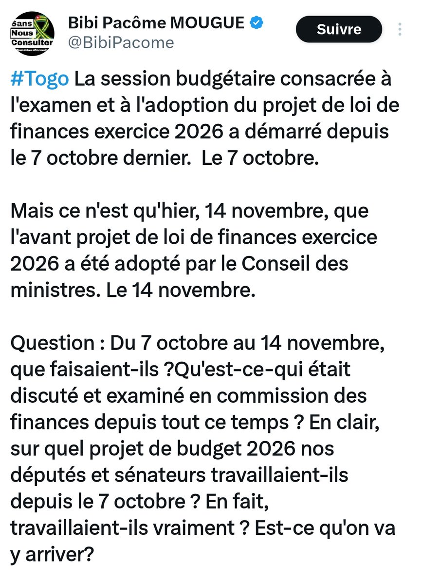 D_Gamedo's tweet photo. On a fini par comprendre que sous le #prétexte d’un « #militantisme » de faussaire et de #mercenaire, tu débites de la #morve. En clair, tu mens, intoxiques et pollues l'espace.
Le 07 octobre dernier, ce n’est pas la session #budgétaire qui est ouverte mais la deuxième session #ordinaire de l’année #conformément à l’article 12. 1 de la #Constitution qui l’exige pour le premier mardi du mois d'#octobre. (Ils l’auraient pas fait que tu grommelerais encore) C’est donc parce qu’elle est largement consacrée à l’#examen de la loi des finances que par détail rhétorique, on parle de #budgétaire. Et selon l’#agenda, plusieurs autres activités étaient #inscrites au menu comme l’installation de 14 nouveaux #députés, l’élection du nouveau PAN, des séminaires sur les #finances publiques pour mieux comprendre l’impact du #budget sur la #nutrition, l’éducation et la #santé des enfants ; l’#économie sociale et solidaire et autres...
Mieux, les #commissions, dont celle des #finances, ont commencé des travaux préparatoires sur les orientations #budgétaires, basés sur des #documents de cadrage ou encore l’#examen des rapports d'#exécution du budget 24/25. Ils ne sont pas inactifs. Donc mon cher, la @assnatTogo travaille pendant que tu te ronges la bile.
Il suffit juste de t’#instruire un peu plus. Tu aurais pu te rapprocher de ton binôme aigri #GerryTaama
#Togo #Tgtwittos #FreeTogo 🇹🇬🇹🇬🇹🇬