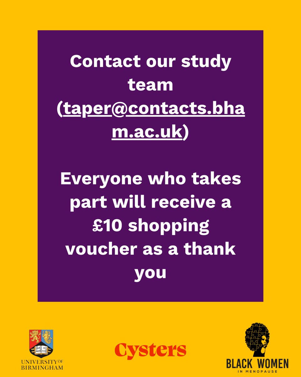 Study wants your story, because quitting HRT shouldn’t be a mystery. Be heard, and get a £10 shopping voucher. Your experience counts #perimenopause #menopause Contact the team email 📥 taper@contacts.bham.ac.uk 
<a href="/cystersgroup/">Cysters 🎗 🍉 ✊🏿</a>