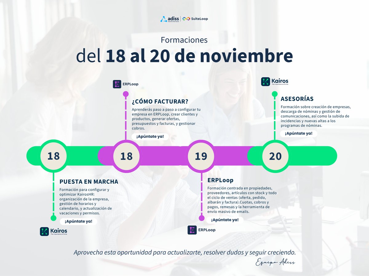 ADISSInforma's tweet image. 💼 Formación completa ERPLOOP 
🗓 19/11 · 10:00 h 
🔗 erploop.es/formaciones-er…
📊 KairosHR para Asesorías 🗓 20/11 · 10:00 h 🔗 kairoshr.es/formaciones-no…
💬 ¿Te apuntas? Reserva desde los enlaces.
#Formaciones #ERPLOOP #KairosHR #Asesorías #Noviembre2025 #GestiónEmpresarial