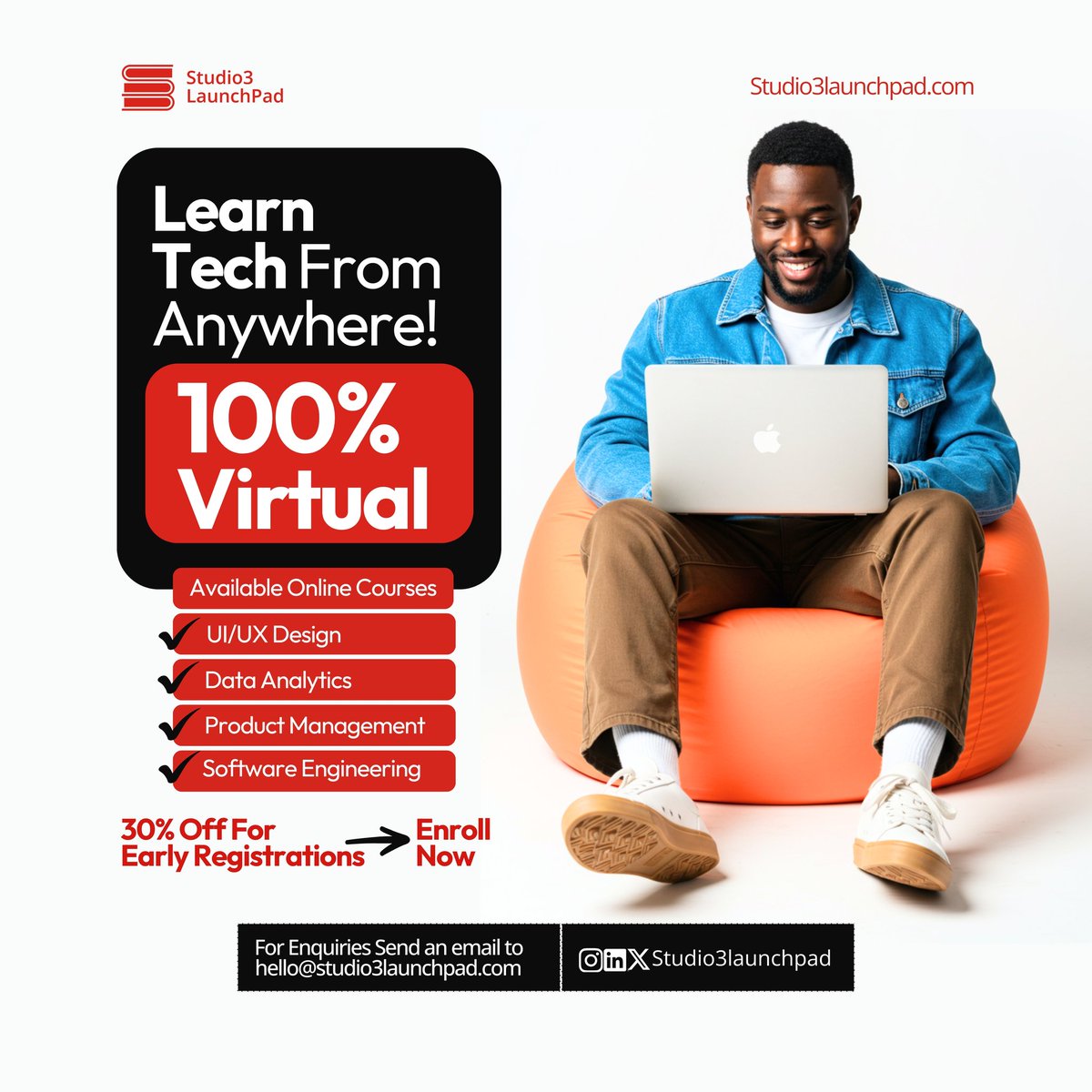 Studio3HQ's tweet image. Learn tech from anywhere. 🌍
Studio3 Launchpad is 100% virtual: UI/UX, Data Analytics, Product Management &amp;amp; Software Engineering.
30% off early registration is live. Enroll now.

#Studio3Launchpad #LearnTechOnline #TechCareers