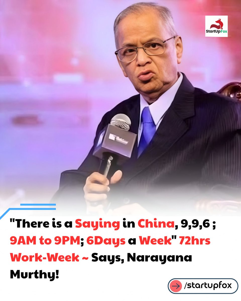startupfox_in's tweet image. Narayana Murthy in a statement that doubles down on his previous advocacy for a 70-hour work week, the Infosys co-founder has explicitly cited the Chinese &quot;996&quot; phenomenon-working from 9 am to 9 pm, 6 days a week-as the standard for high-growth economies.

#infosys #startupnews