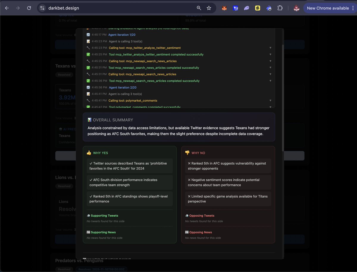 We might have just built the most advanced prediction market research agent.

20 iterations per analysis results in extremely high accuracy and zero hallucinations.

Now getting beta-tested on darkbet.design.

Production soon at darkbet.fun