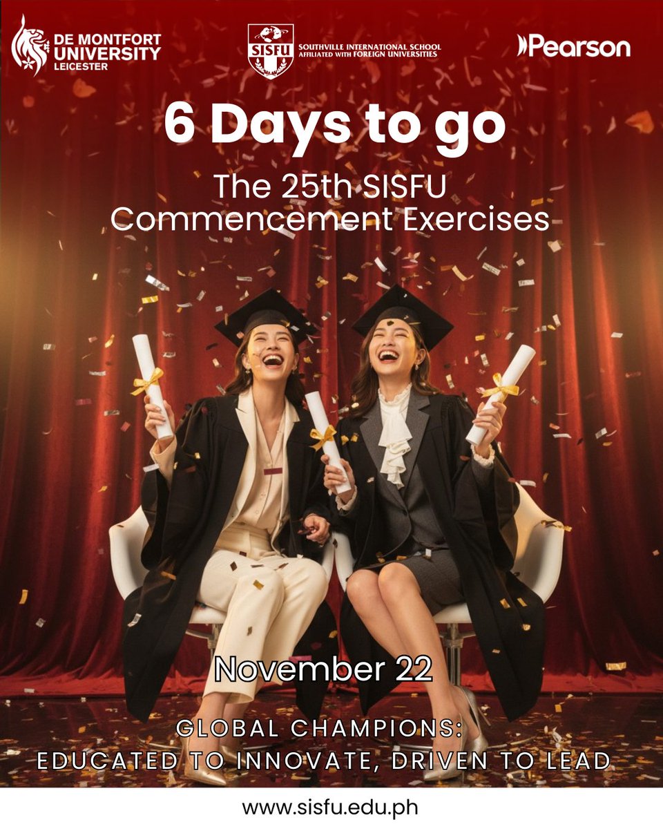 6 days to go until SISFU’s 25th Commencement Exercises!

We’re almost ready to celebrate the hard work, resilience, and global ambition of our graduates.

Your journey inspires the next generation of SISFU global champions. See you on November 22!

#BeGlobalBeAmazingBeSISFU