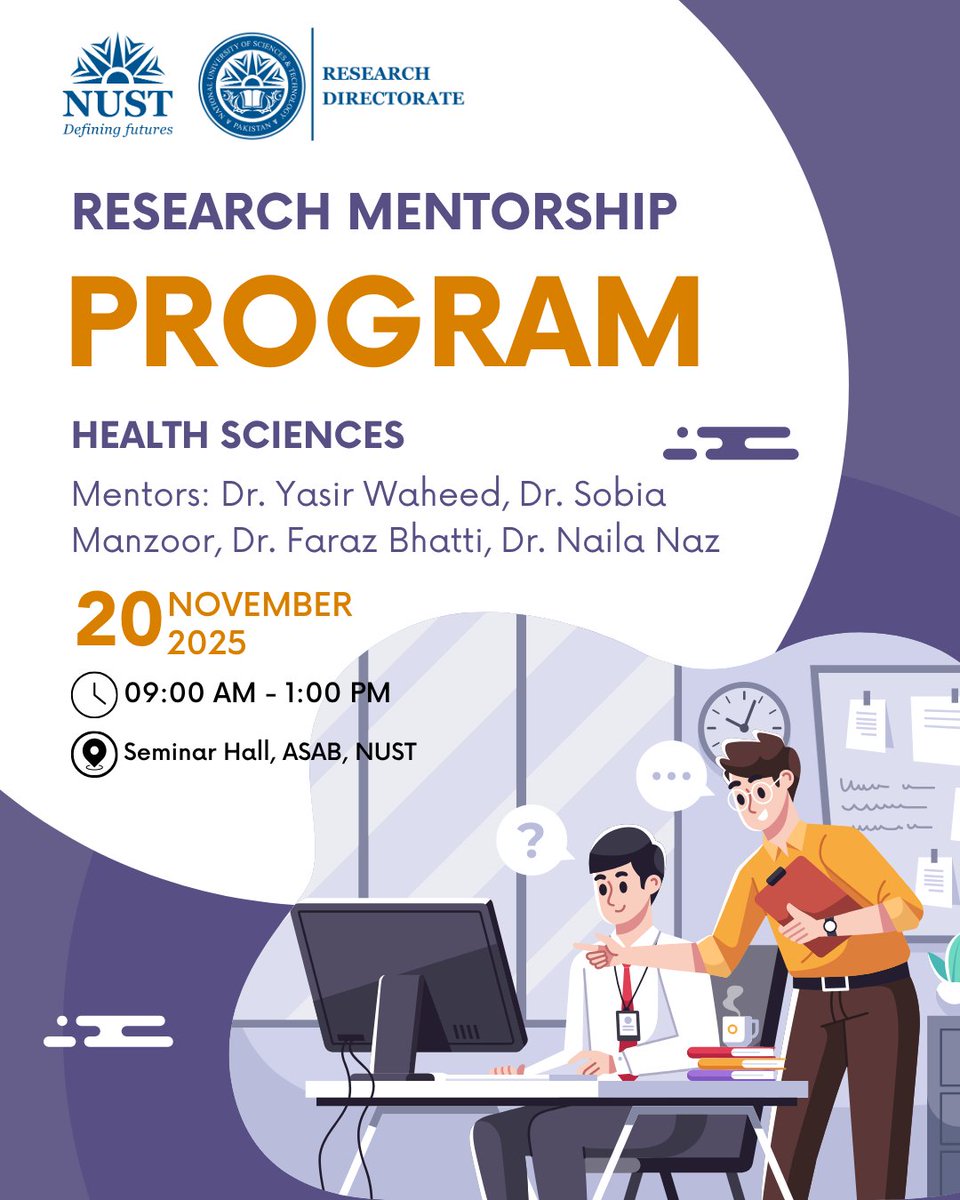Research_NUST's tweet image. Research Directorate at #NUST is organizing a one-day Research Mentorship Program for young researchers and students. The program will provide a heads-up on &quot;How to Write and Publish an Impactful Research Article&quot; in field of HEALTH SCIENCES. MS and PhD students from #ASAB, #NSHS…