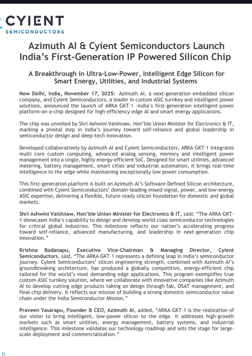 tejas485585's tweet image. #Azimuth AI &amp;amp; #Cyient Semiconductors unveiled &quot;ARKA GKT-1&quot; on 2025-11-17, India&apos;s first 🇮🇳 Ultra-Low-Power Intelligent Edge Silicon Chip for Smart Energy/Industrial IoT. 🚀💡
#StockMarket