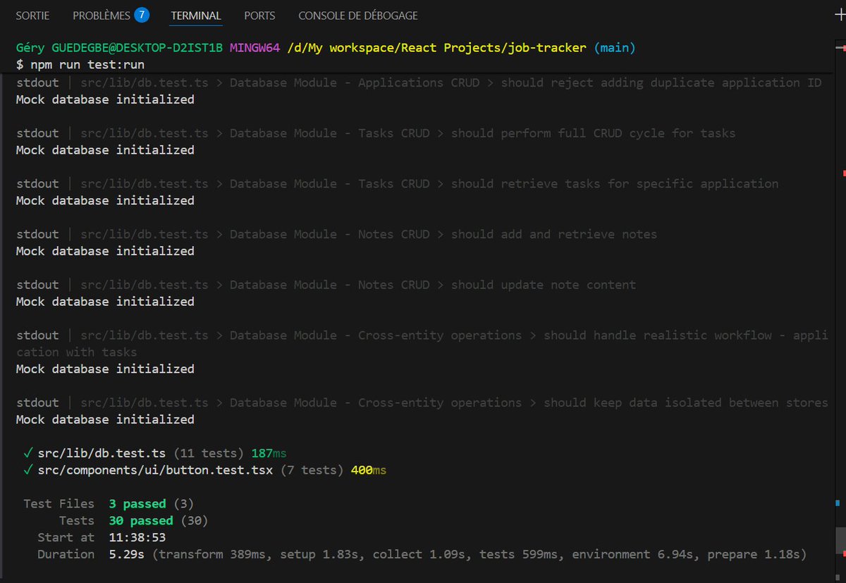 gery_guedegbe0's tweet image. Today I wrote my first unit tests for JobTrackr

Nothing fancy, just testing my reusable Button and some DB functions with Vitest.

Didn’t understand everything yet but seeing the green “✓ passed” felt great 😅

Small step but a good one.

#buildinpublic #ReactJS #indiedevs