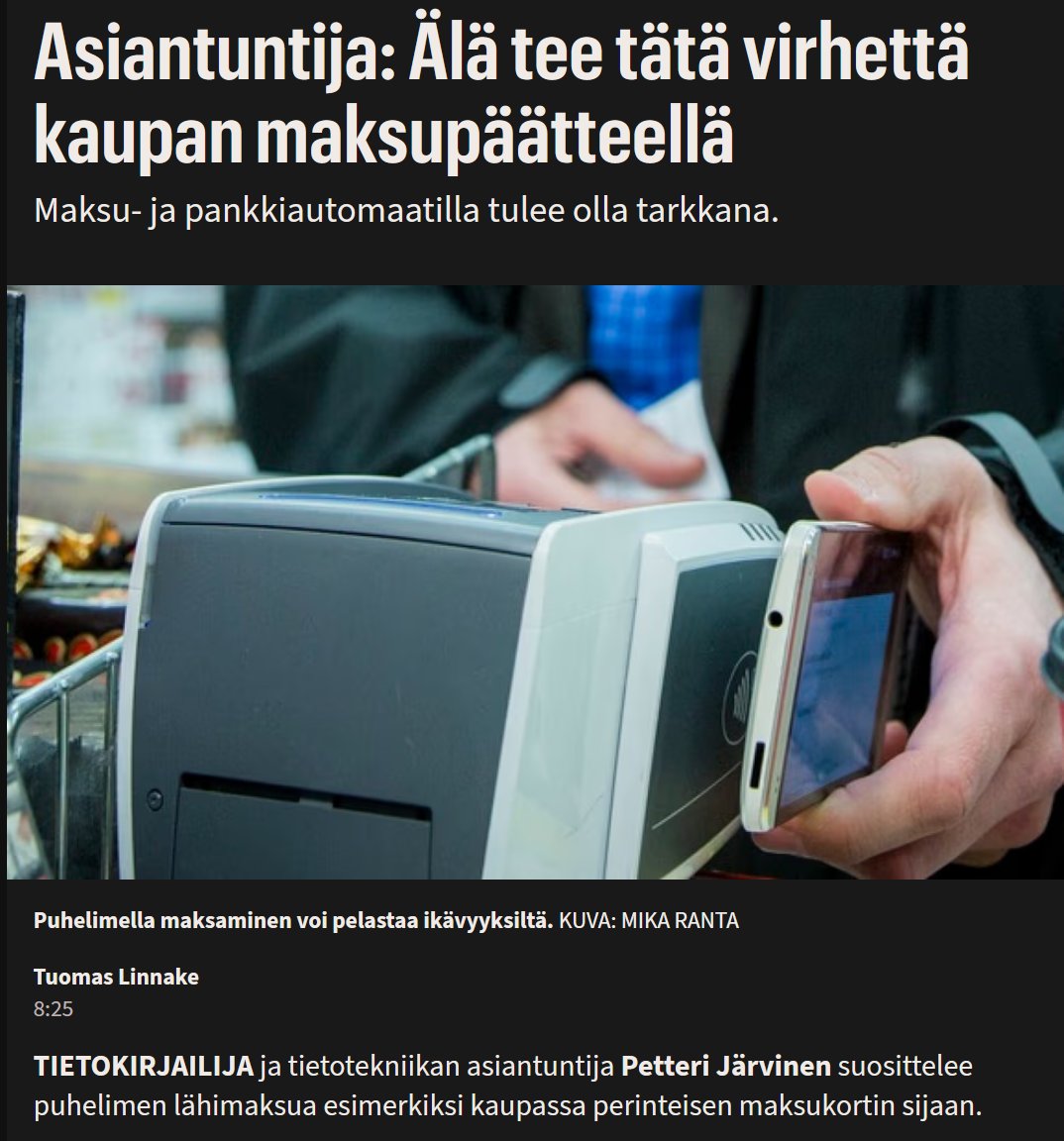 Minä taas suosittelen käteisellä maksamista.
Seteliraha on turvallinen ja huoleton maksuväline.
Seteliraha toimii myös ilman nettiä ja sähköä.