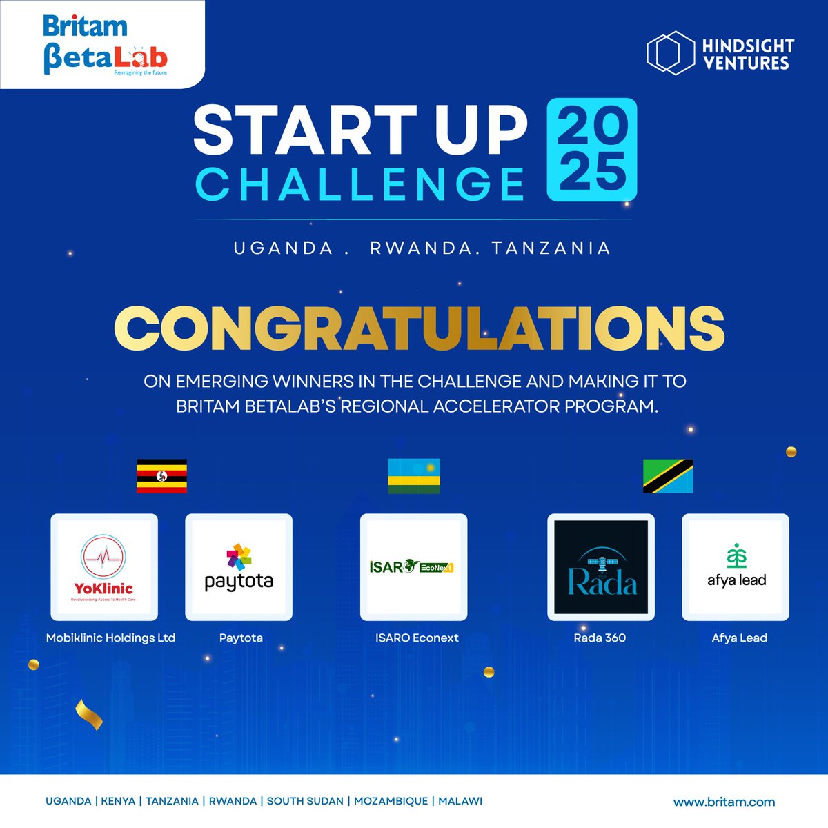 HUGE CONGRATULATIONS to the incredible winners of the Britam BetaLab Start Up Challenge 2025! 

We're thrilled to welcome <a href="/klinicuganda/">MobiKlinic Foundation</a> , <a href="/paytota/">Paytota</a>, <a href="/ISAROEconext/">ISARO Econext</a>, <a href="/RADA_360_/">RADA</a> , and <a href="/Afya_lead/">afya lead company</a> to our regional accelerator program. 

Get ready to innovate and skyrocket.