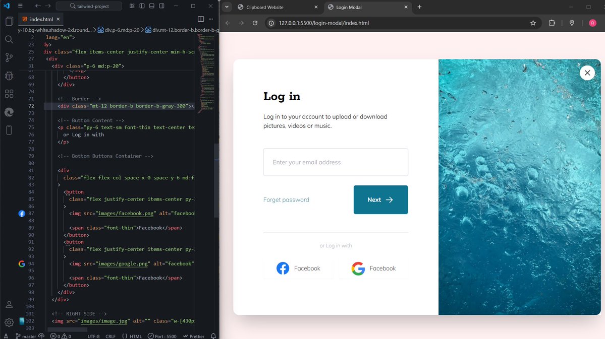 donfttp's tweet image. #Day53
Built two mini projects and a simple landing page (Image Gallery, Clipboard Website, and Login Modal) to strengthen my Tailwind skills. Also learned how to replace repetitive classes using apply and customize utility classes.💪🫥
#100DaysOfCode #TailwindCSS