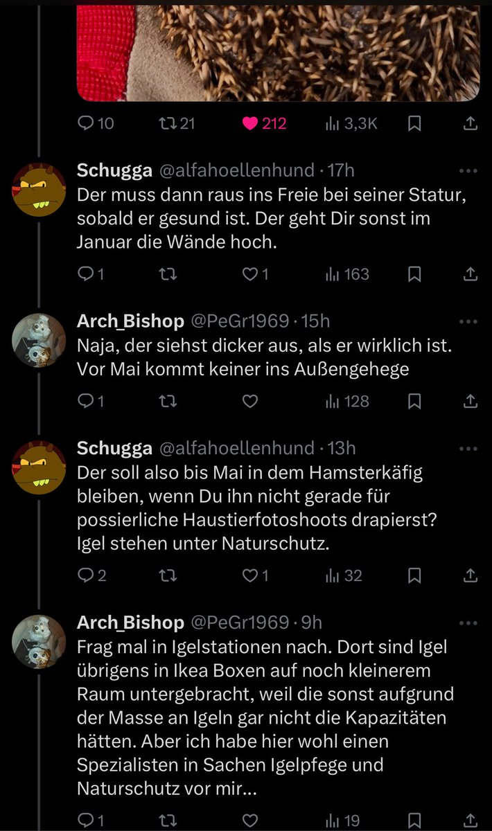 Könnt ihr bitte mal unseren Igel-Papa (<a href="/PeGr1969/">Arch_Bishop</a>) aufbauen? 

Wegen dieser Diskussion hat er seinen Plan nen Igel-Kalender zu machen, aufgegeben!!!!!

#Twitterrudel