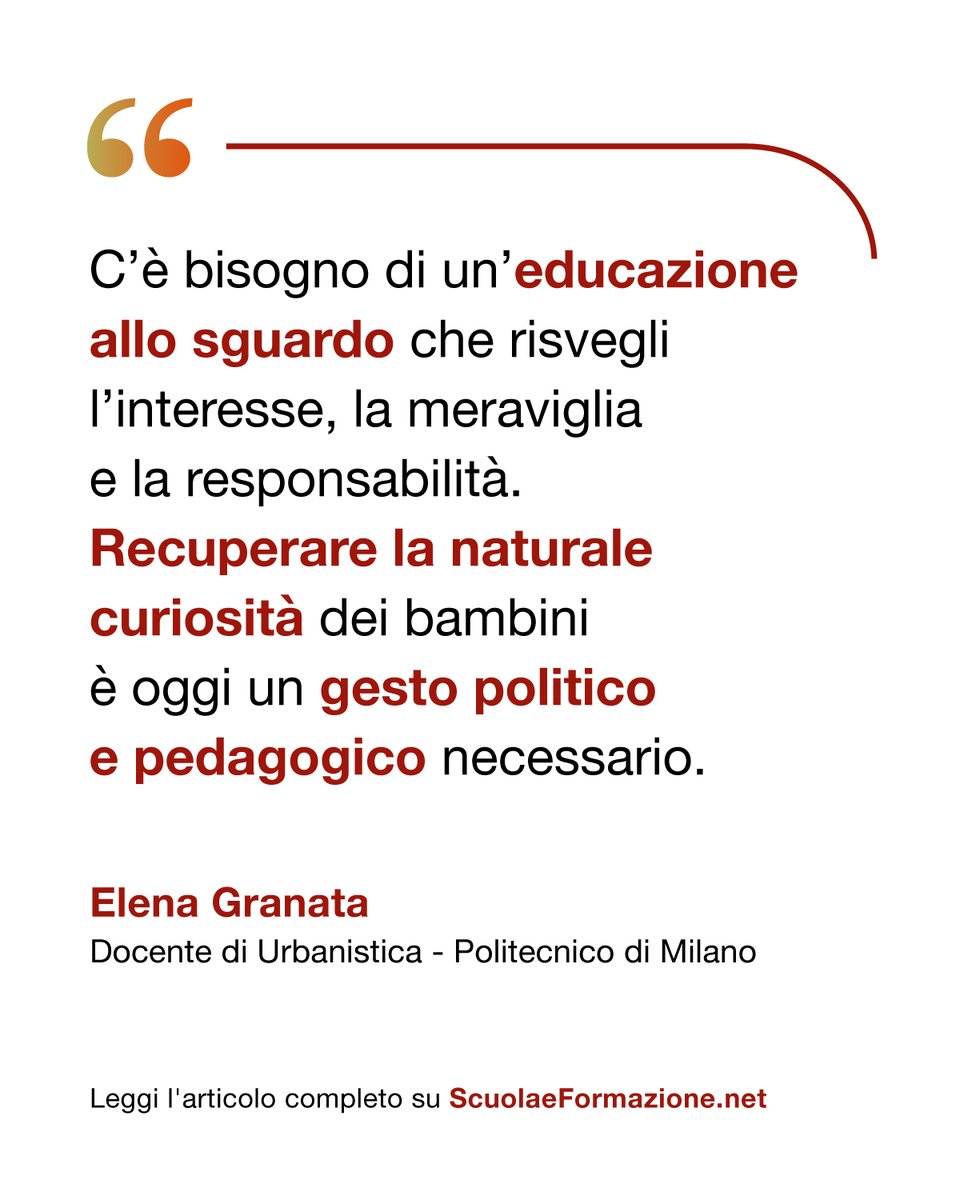 Siamo ancora capaci di educare alla curiosità, alla meraviglia, alla cura dei luoghi che abitiamo?
Sulle pagine di #ScuolaeFormazione web, <a href="/GranataElena/">elena granata</a>  — docente di Urbanistica al Politecnico di Milano, ci invita a riflettere su come il nostro #modelloeducativo, troppo spesso