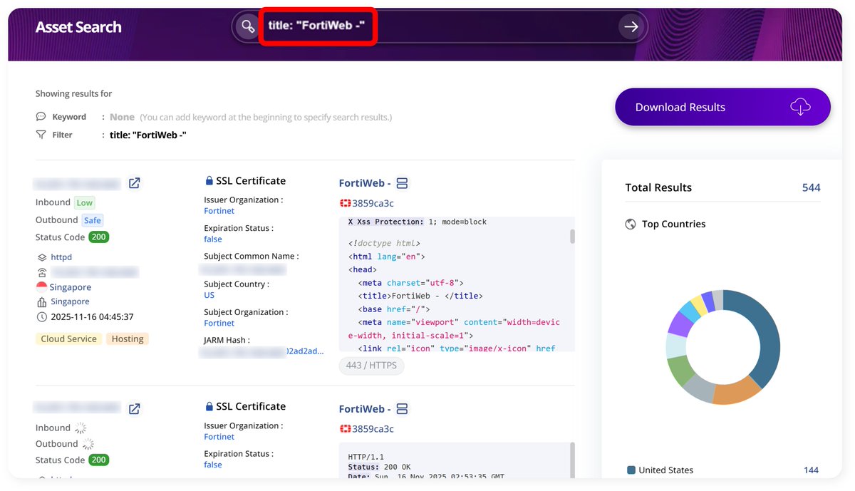 🚨#CISA Adds Fortinet FortiWeb Zero-Day (CVE-2025-64446) to #KEV Catalog​
A suspected zero-day Fortinet FortiWeb vulnerability is actively exploted by unauthenticated attackers!​
​
🌐️ Fortinet FortiWeb vulnerabilities detected by Criminal IP: ​
Query ➡️ title: "FortiWeb -"