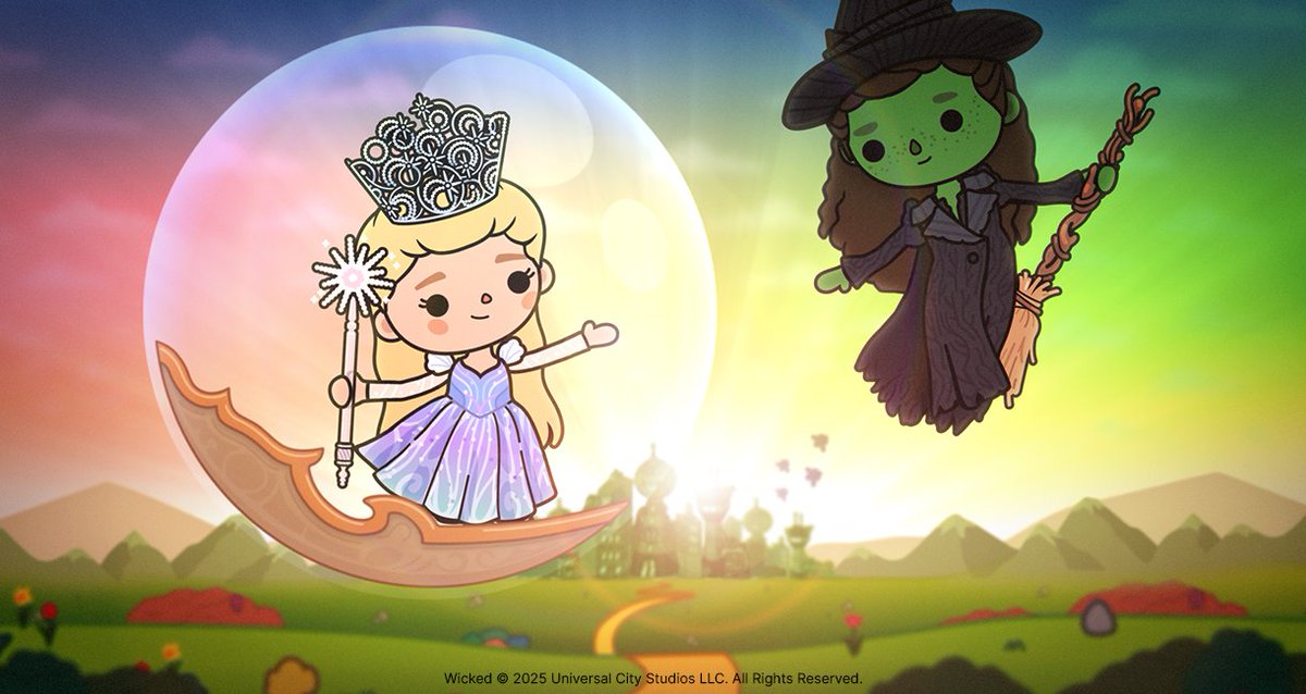 tocaboca's tweet image. Introducing Toca Boca x Wicked: For Good! With the Wicked Style Pack and a gift event in Toca Boca World, players can create their own Elphaba, Glinda, Fiyero and more Wicked characters, reimagine favorite movie moments and step into their own stories! Coming November 25th!