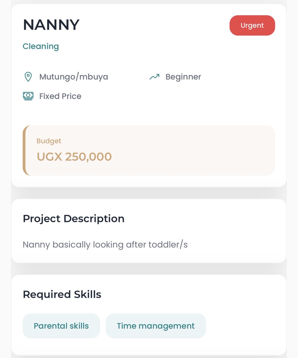 Urgent Gig in Mutungo!
Nanny needed right now!

Apply on ProGigFinder (Download on iOS, Android, or use the web)
And great news: our Cleaner Booking Feature is live! Cleaners, create your profile and start getting booked!