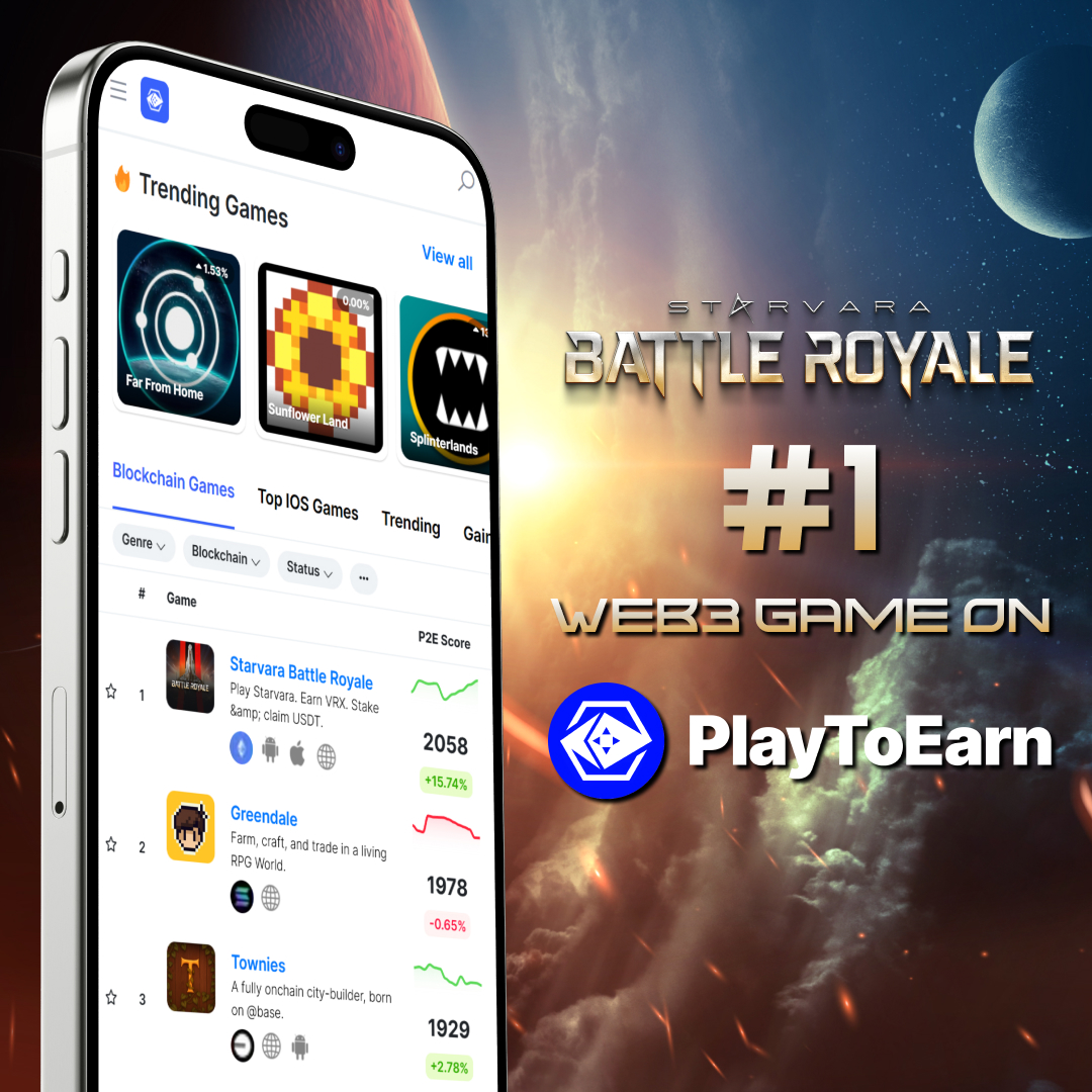 🔥 <a href="/StarvaraGame/">Starvara Official</a> just claimed the #1 spot on <a href="/PlayToEarn/">PlayToEarn</a>!

The galaxy’s fastest-growing Web3 Battle Royale is officially leading the charts 🚀

Thank you to our community for helping us reach the top! This is only the beginning.

Suit up, dive in, and experience the future of