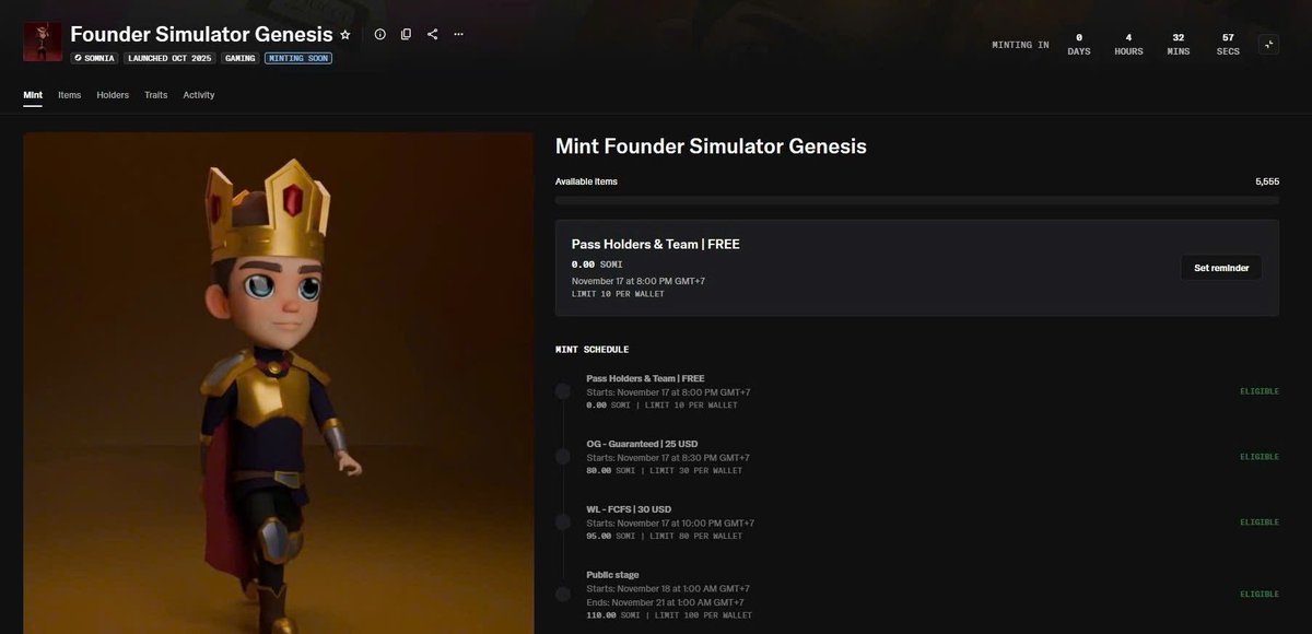 Check eligibility for Founder Pass holders already.
=> opensea.io/collection/fou…

You can also get a Founder Pass now to get a free Genesis NFT.
Buy it here: opensea.io/collection/fou…

Founder Pass &amp; Genesis Benefits
- Boost Season 5 on <a href="/Somnia_Network/">Somnia</a> 
- Staking $FDR
=>