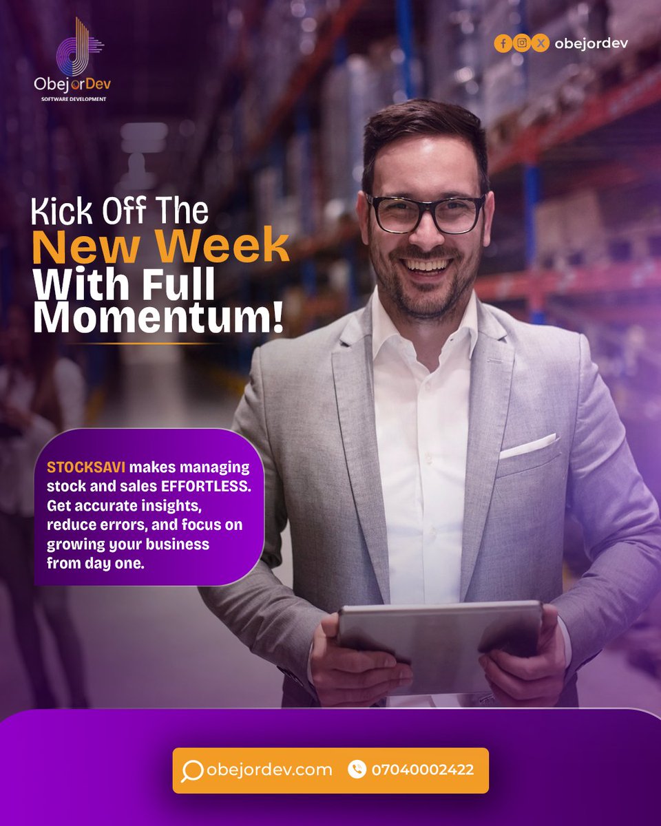 obejordev's tweet photo. Kick off the new week with full momentum! β‘
Stay organised, track stock effortlessly, and grow smarter with Stocksavi the inventory software made for Nigerian businesses.
π Get started today: https://t.co/AfDug64hYT
#ObejorDev #Stocksavi #NewWeekNewGoals #InventorySoftware https://t.co/fdVseOPFqp