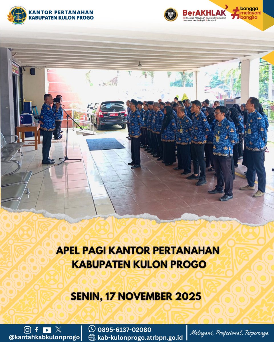 atr_bpnkprogo's tweet image. Hallo,
#sobatATRBPNKulonProgo

Kantor Pertanahan Kabupaten Kulon Progo melaksanakan apel pagi yang dipimpin oleh Bapak Eko Herry Supriyanto, S.ST. selaku Kepala Seksi Pengadaan Tanah dan Pengembangan yang diikuti oleh seluruh pegawai 

#KantahKulonProgo