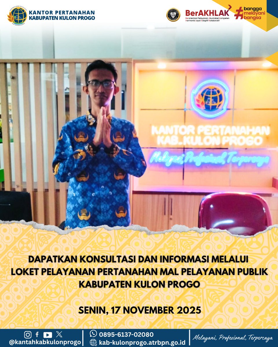 atr_bpnkprogo's tweet image. Hallo, #SobatATRBPNKulonProgo

Kami hadir lebih dekat untuk mempermudah pelayanan pertanahan bagi masyarakat! 🤝✨
Untuk memaksimalkan pelayanan bisa terjangkau oleh masyarakat, Kantor Pertanahan Kabupaten Kulon Progo buka kembali Mal Pelayanan Publik setiap Hari Senin dan Kamis.