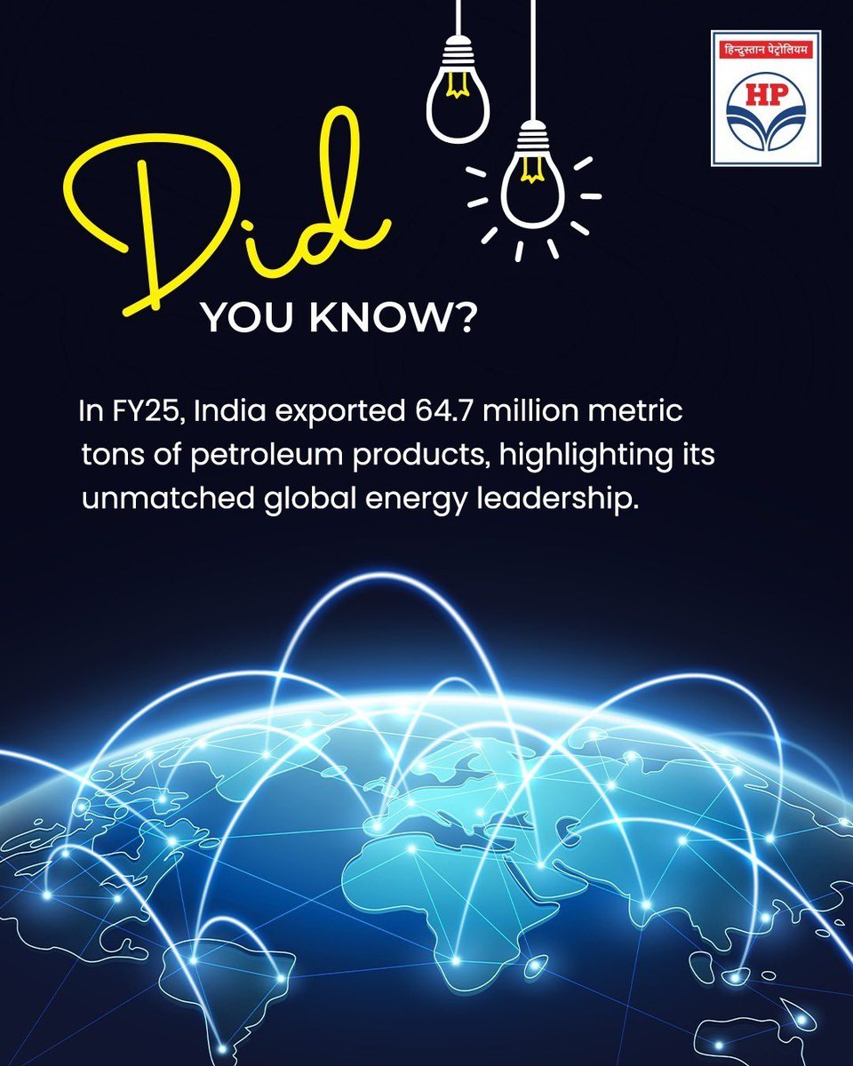 HPCL's tweet image. India continues to shine as a global refining and export powerhouse.​✨🏭🌍

With advanced infrastructure, high-capacity refineries, and a strategic global reach, the country plays a pivotal role in meeting the world’s growing energy demands.​⚡🚢📈
​
#HPCL #DeliveringHappiness…