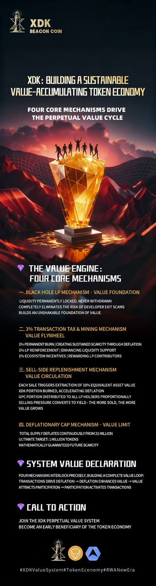 XDKDAO's tweet image. XDK 4-Engine Value System

✅ Perm Locked LP
✅ 3% Tax(1%Burn+1%LP+1%Reward)
✅ 10% Sell-back
✅ 21M→1M Deflation

Self-sustaining cycle
Join early

#XDK #TokenEconomics