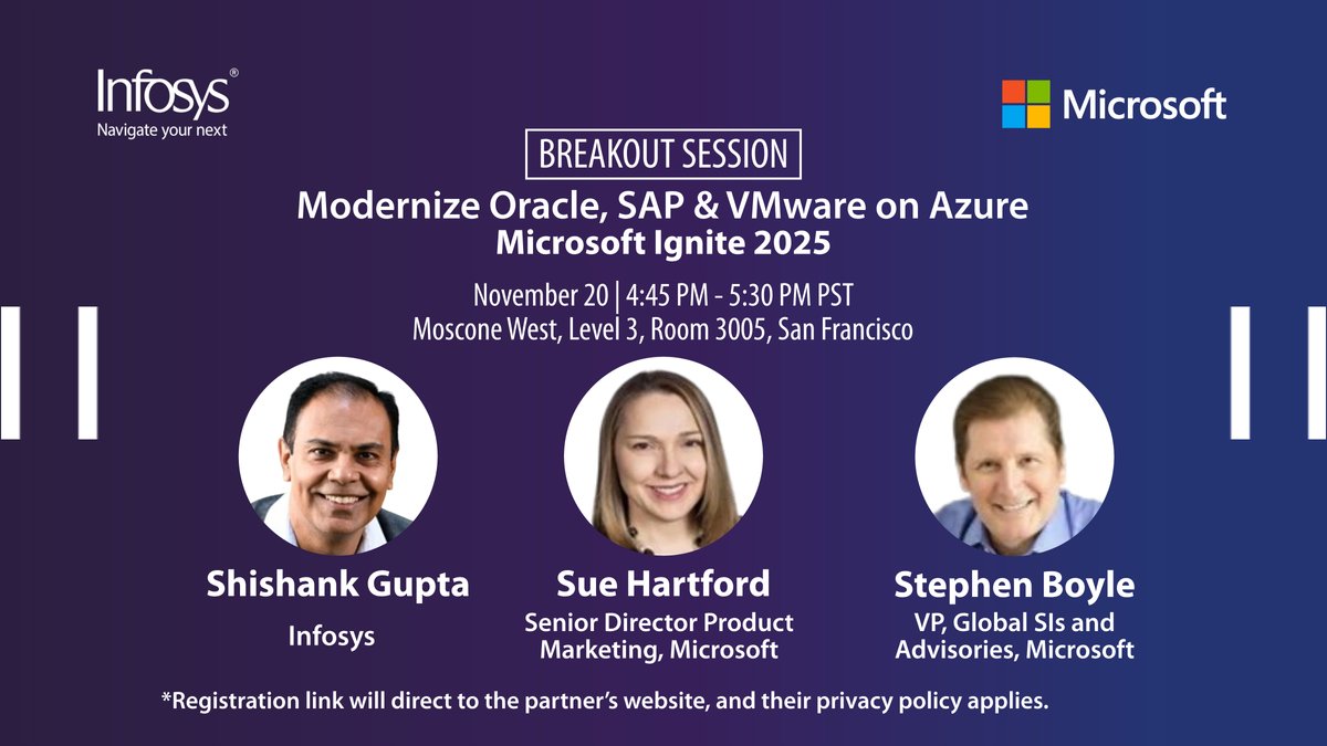 Infosys's tweet image. Join us at #MSIgnite2025 for a breakout session with Infosys’ Shishank Gupta, and Microsoft’s Sue Hartford and Stephen Boyle, as they explore how Infosys and Microsoft are helping enterprises modernize legacy systems securely and efficiently. bit.ly/3LGXW0u…