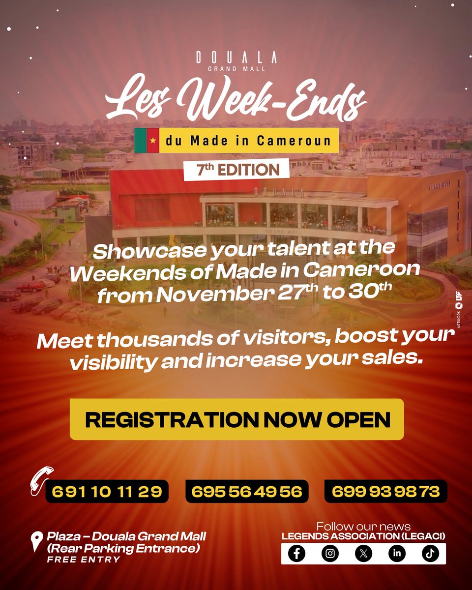 🚨 LAST DAYS!

Exhibitors, registration for Made in Cameroon Week-Ends closes SUNDAY!

📅 Nov 27-30, 2025
📍 Douala Grand Mall
⚠️ Limited spaces

Register: 691 10 11 29

Don’t miss this opportunity! 🇨🇲

#MadeInCameroon #WMIC2025 #Exhibitors