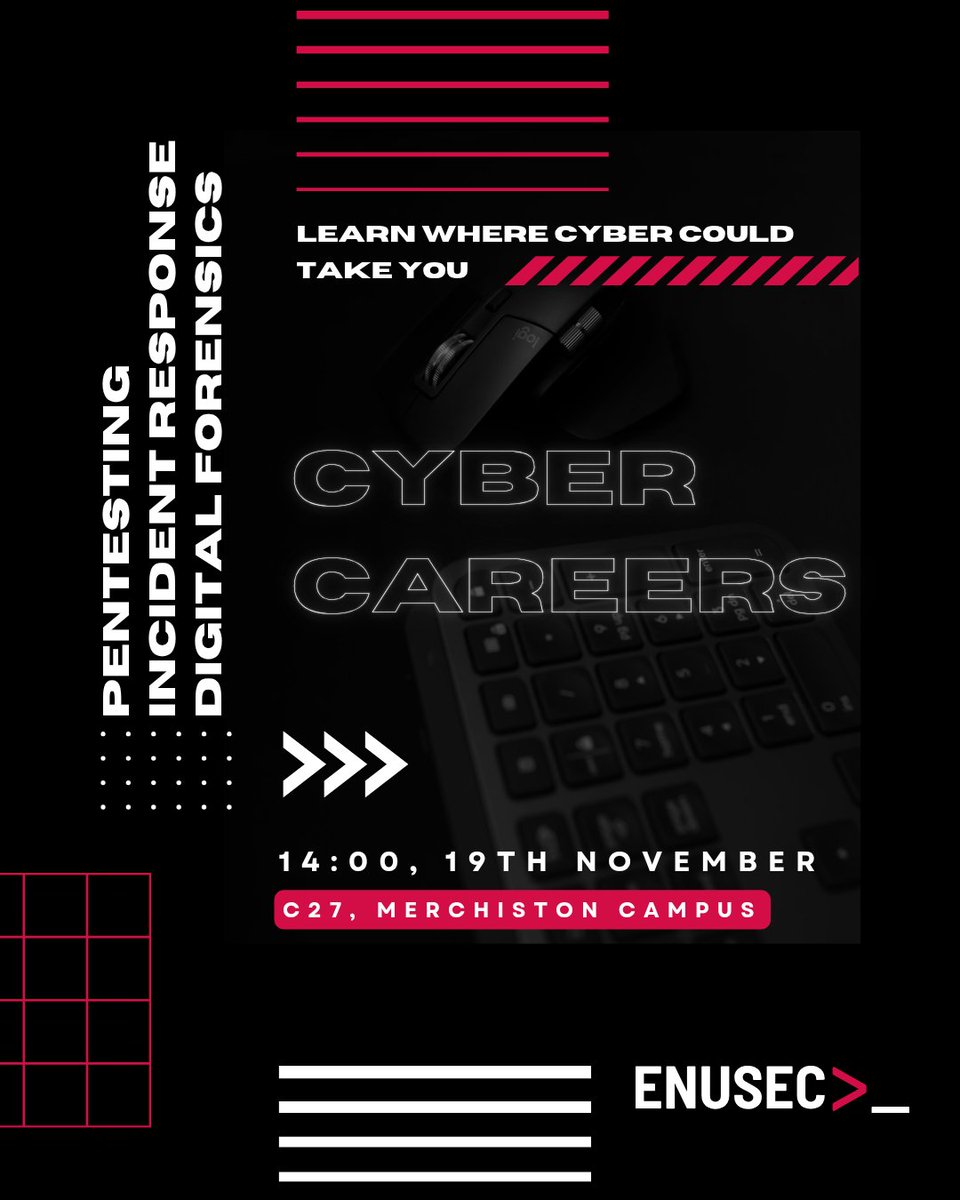 enusec's tweet image. This week&apos;s session will be exploring the numerous and exciting career paths that cybersecurity can lead you down.

Join us on Wednesday, 19th November at 2PM in C27, Merchiston Campus!

#ENUSEC #Cybersecurity #InfoSec #Careers