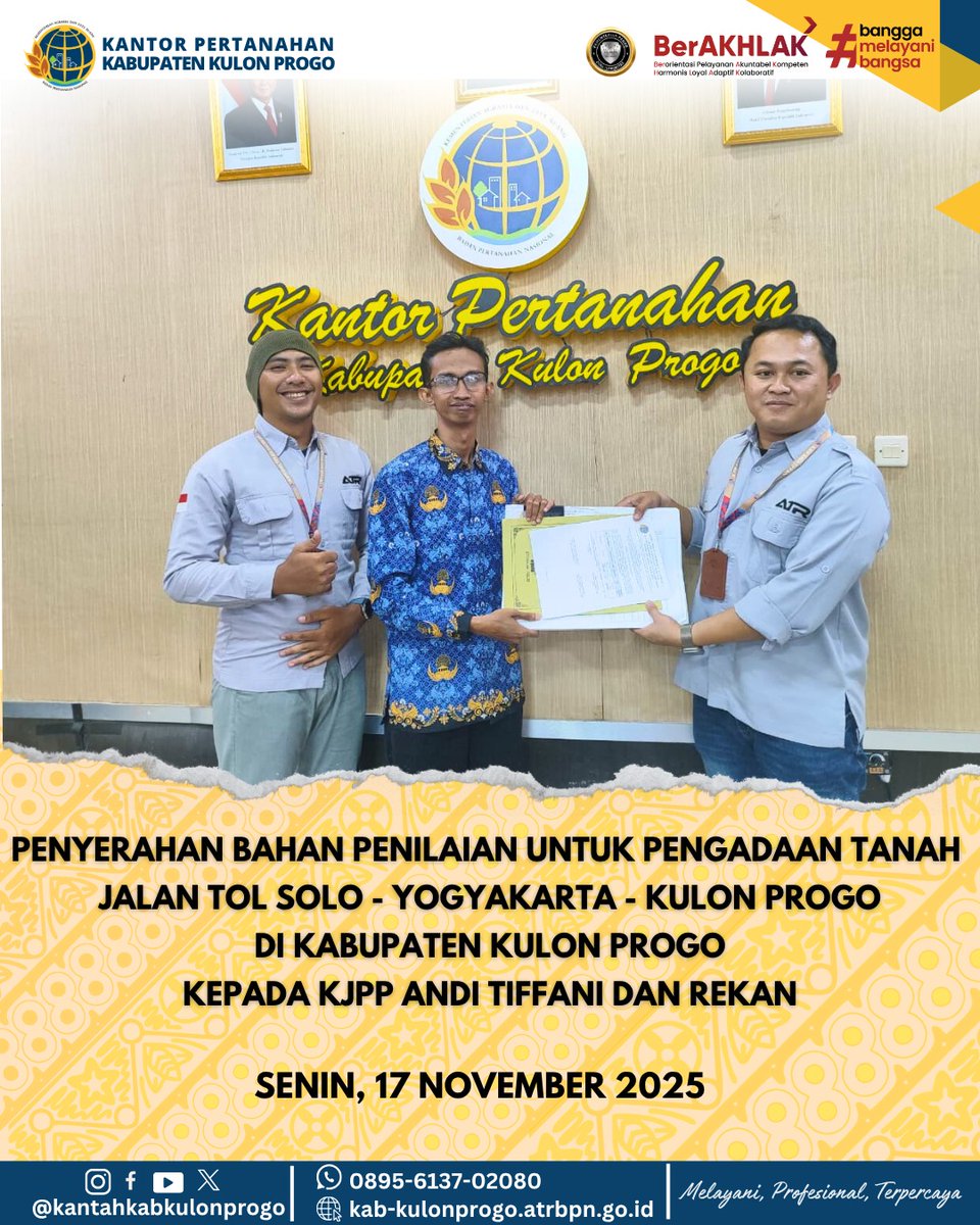 atr_bpnkprogo's tweet image. #sobatATRBPNKulonProgo

Kantor Pertanahan Kabupaten Kulon Progo kembali melaksanakan Penyerahan Bahan Penilaian  Pelaksanaan Pengadaan Tanah untuk Pembangunan Jalan Tol Solo - Yogyakarta - Kulon Progo di Kabupaten Kulon Progo kepada Kantor Jasa Penilai Publik (KJPP) Andi Tiffani