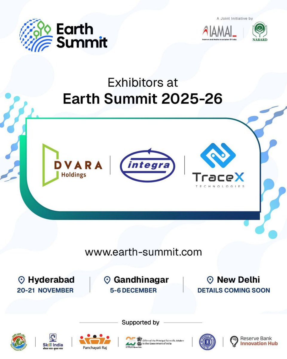 Earth_Summit_IN's tweet photo. Proud to Welcome Our Change-Makers
We’re delighted to welcome @dvaraholdings,
@integramicro and @tracex_tech as Exhibitors to #EarthSummit 2025–26.
Register Now- https://t.co/cVNrVdYcx0
@IAMAIForum @NABARDOnline
#Ruraltech https://t.co/RkMeYWcySO