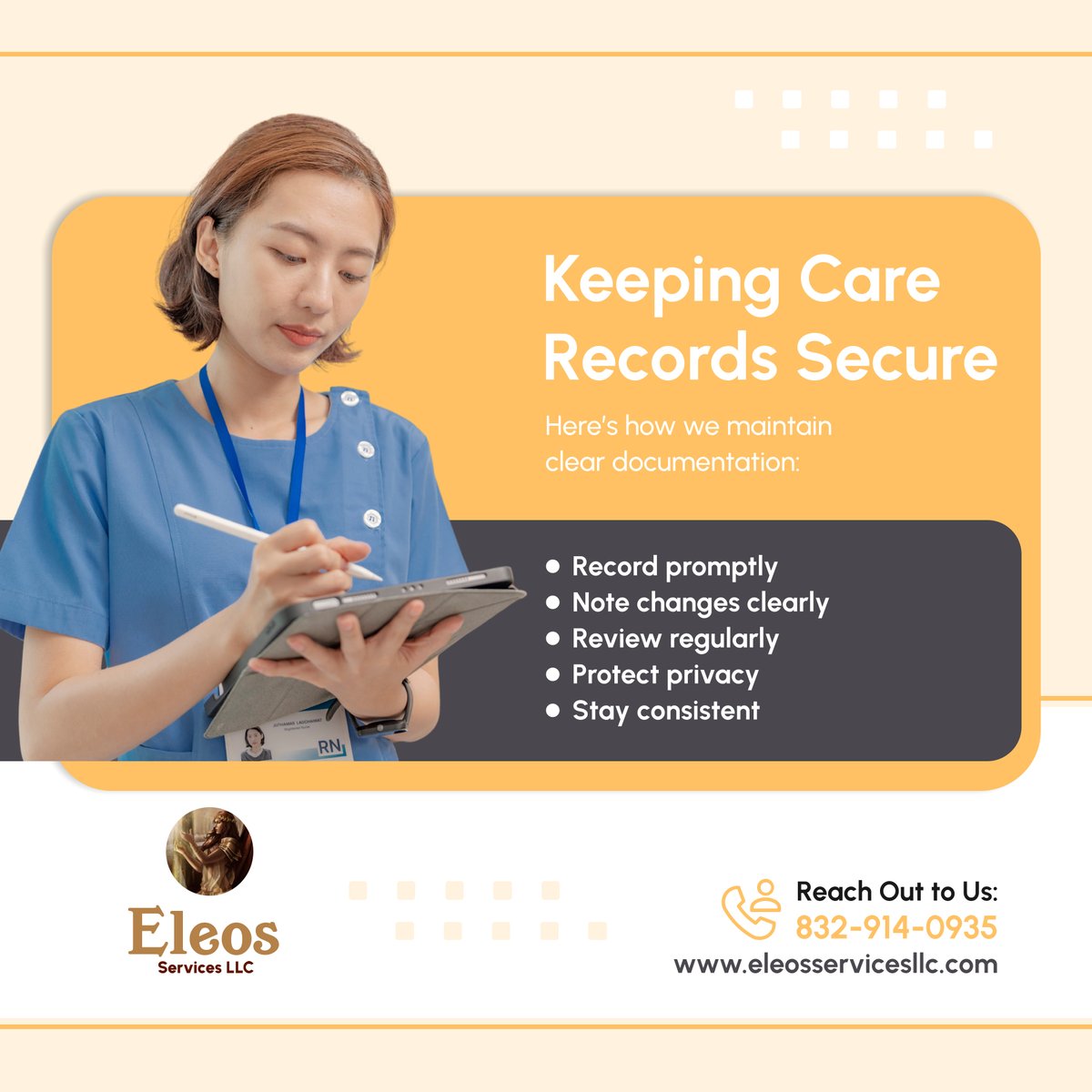 EleosServices's tweet photo. π Accurate care records make a difference. They ensure continuity, safety, and personalized attention every time. πΒ
#HoustonTX #HomeCareServices #CareRecords #HomeHealth #DocumentationTips https://t.co/S3adaRA1uQ