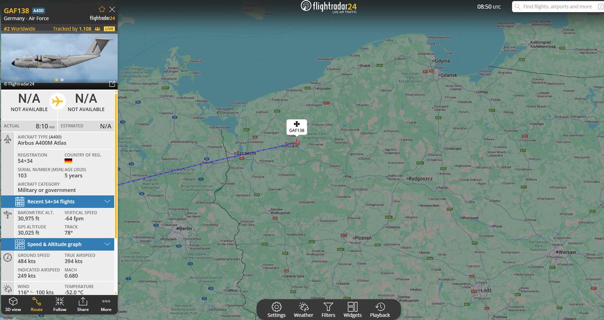 PolishMilRadar's tweet photo. 📅17.11🕒09:51LT - Niemiecki A400 nad Polską

 🇩🇪 Siły Powietrzne Niemiec
✈️Airbus A400M "54+34"
#GAF138 na wysokości przelotowej FL310
🛫Baza Wunstorf #ETNW 🇩🇪
🛬Kowno #EYKA 🇱🇹
🔗https://t.co/Cp3Nydv1IE

#POLMILRADAR https://t.co/oOOUFCwiRe
