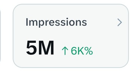आज मेरे X ट्विटर अकाउंट पर 5M मिलियन इंप्रेशन पूरे हो गए हैं मात्र 7 दिनों  में यह पूरे हो गए हैं, 
और अकाउंट भी monetize 💵 हो गया 
किसी को अगर जानना है तो इस पोस्ट को repost 🔄 कर कमेंट मे पूछ सकते है, पोस्ट को लाइक कर दें जितनी 🤗हो सके उतनी हेल्प करुंगी और फॉलो करना नहीं भूले