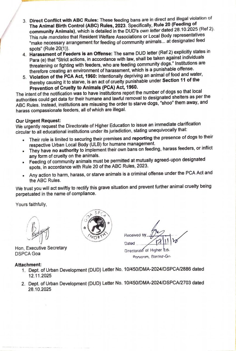 Goa North District Society for Prevention of Cruelty to Animals (DSPCA) writes to Goa Education and also the Higher Education Departments <a href="/Goa_edu/">Education Department, Goa</a> <a href="/DOE_GOA/">Directorate of Education, Goa</a> seeking clarification over misinterpretation of the Honorable Supreme Court order on community dogs in four institutions.