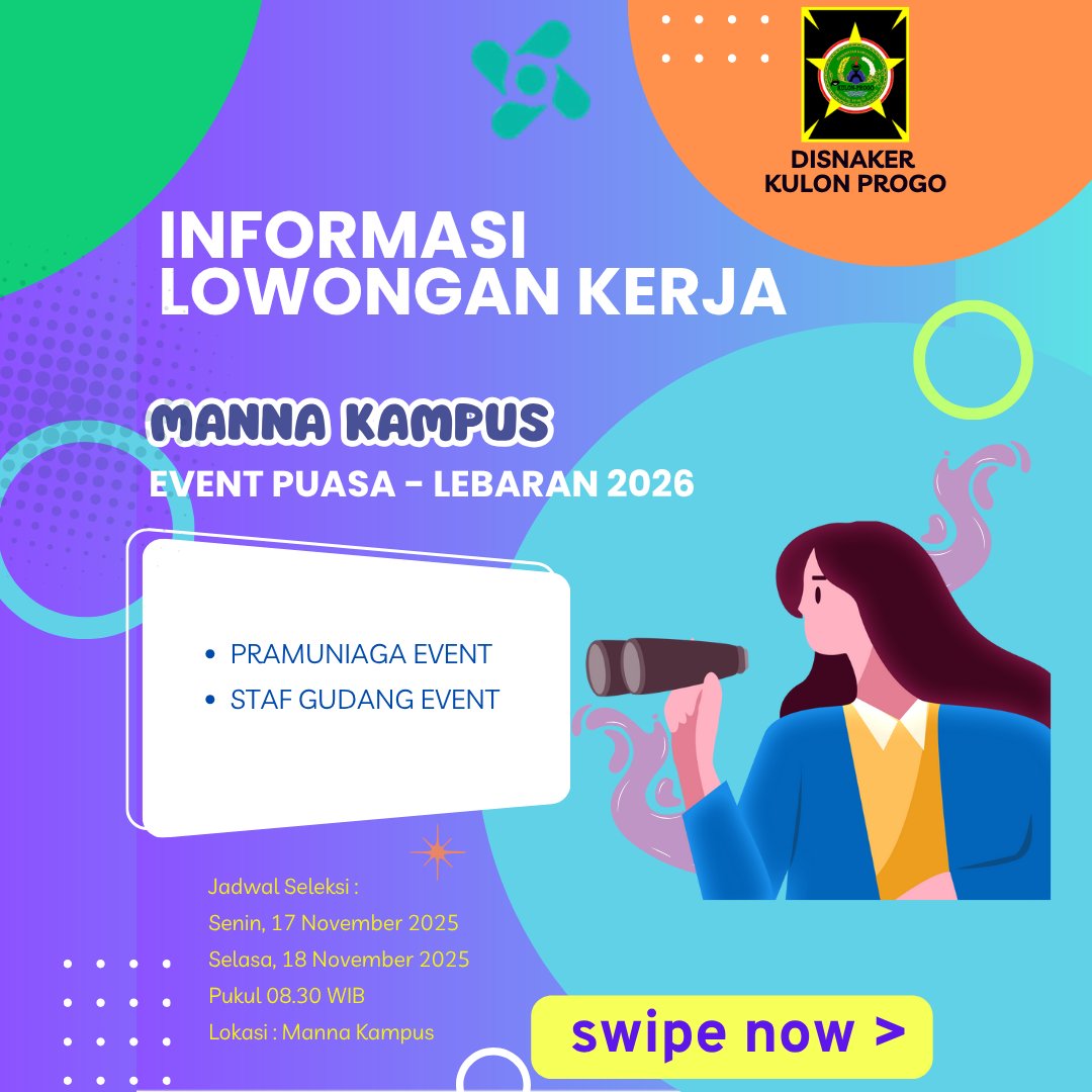 disnakerkp's tweet image. Hai rekan pencari kerja.
Hari ini kami menginfokan lowongan kerja di Manna Kampus untuk posisi :
~ Pramuniaga Event
~ Staf Gudang Event

Cek kualifikasinya di pengumuman ya

#lowongankerja
#kulonprogo